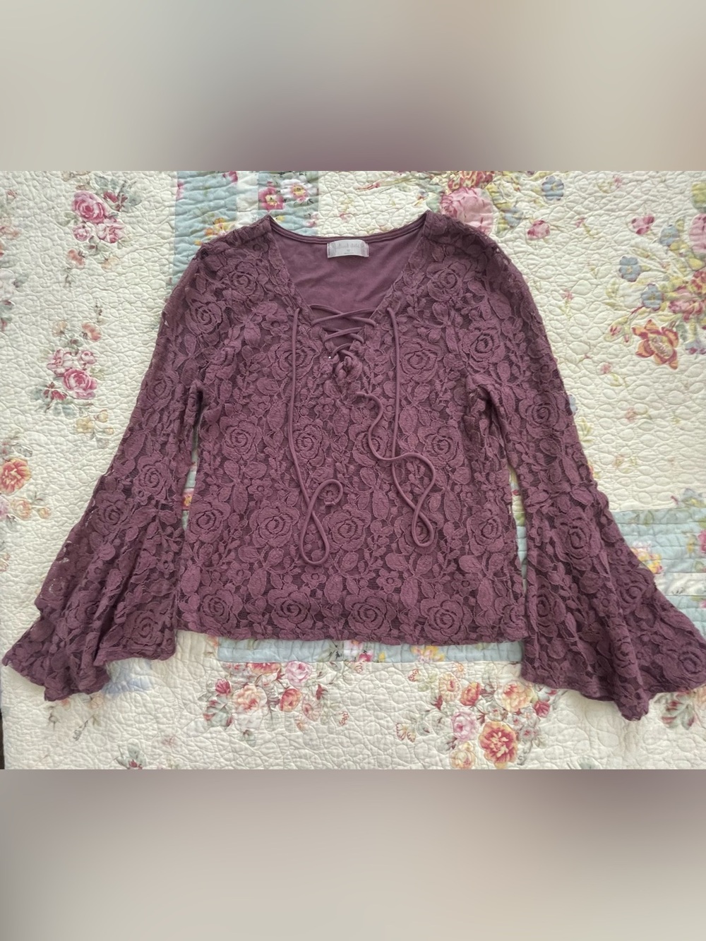 Lace Floral Bell-Sleeve Lace-Up Top - Dusty Plum